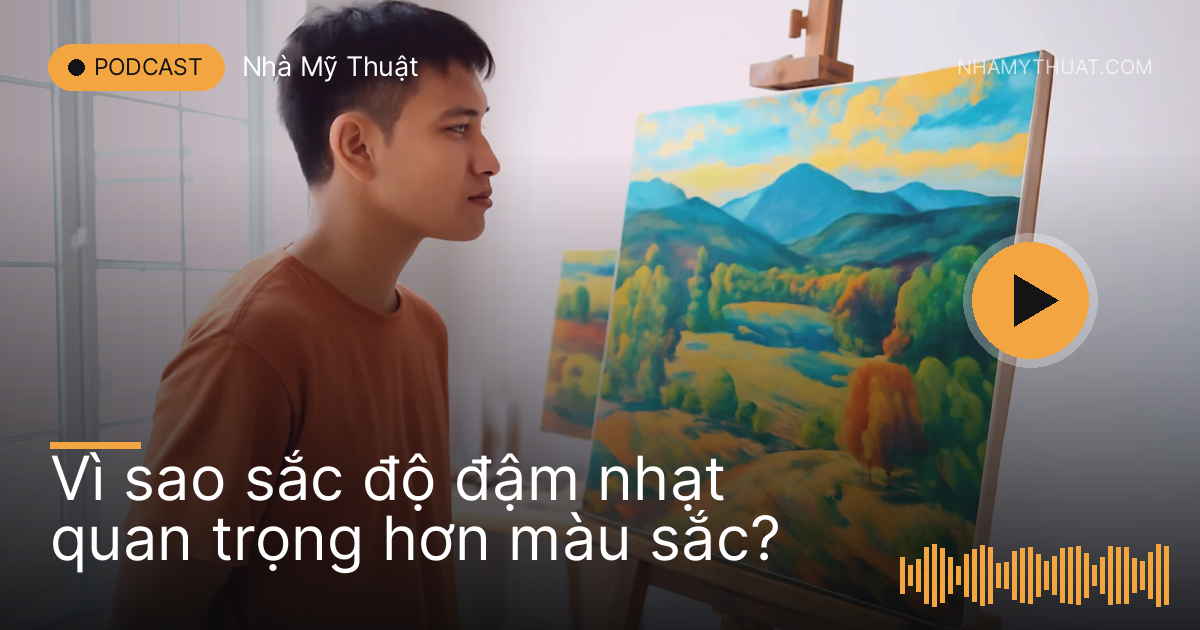 Hoạ sĩ trẻ lùi lại nheo mắt nhìn bức tranh phong cảnh trên giá
