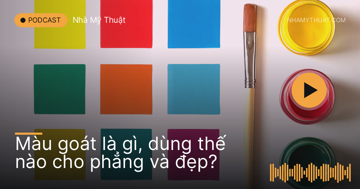 Những ô màu goát phẳng và cây cọ dẹt trên tờ giấy trắng
