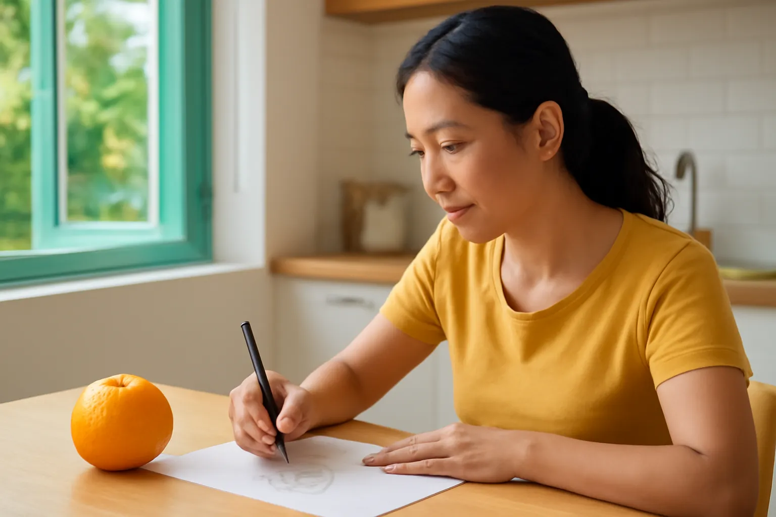 Người phụ nữ ngồi bàn bếp cạnh cửa sổ vẽ một quả cam bằng bút chì