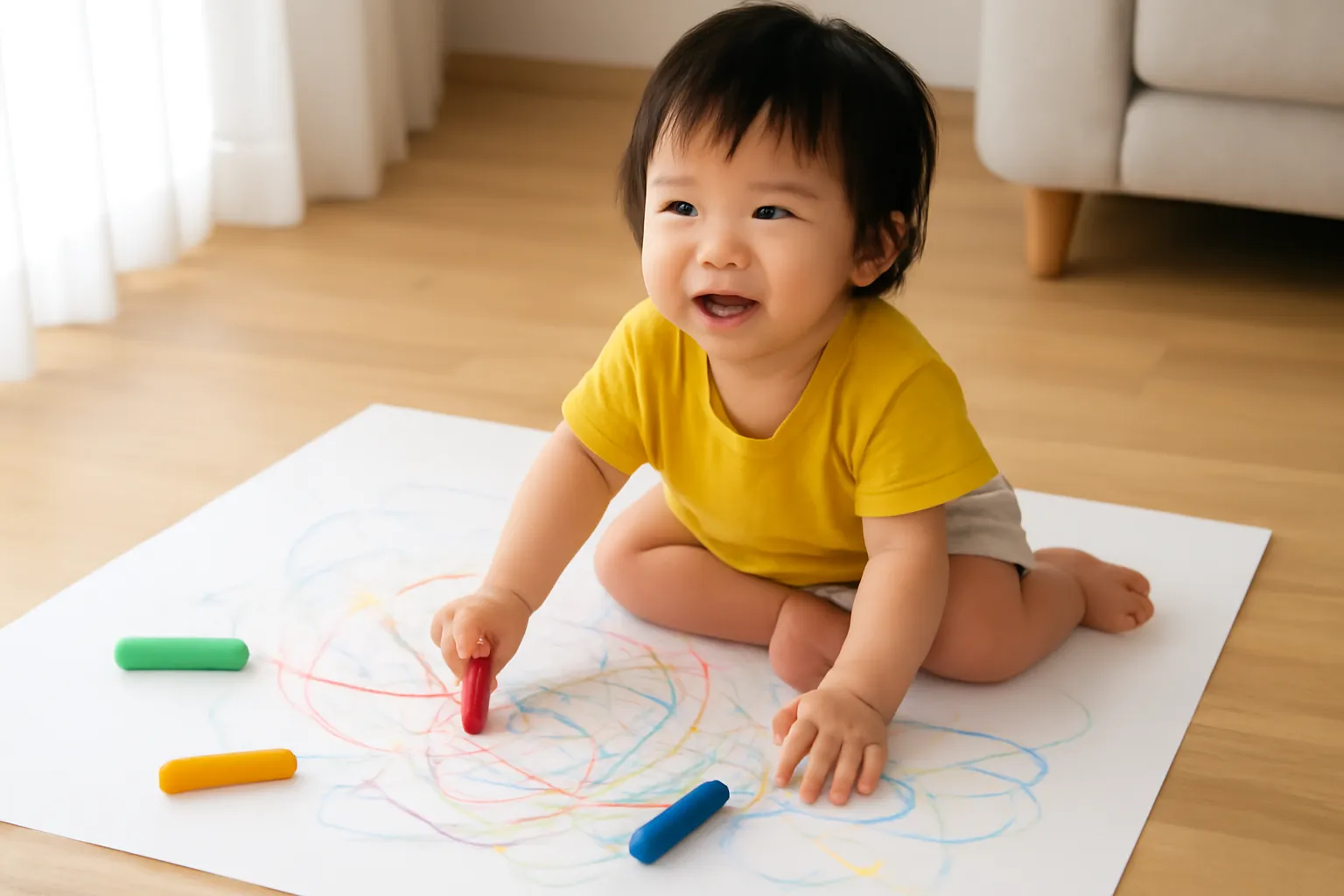 Bé nhỏ vẽ nguệch ngoạc bằng sáp màu trên tờ giấy lớn trải sàn