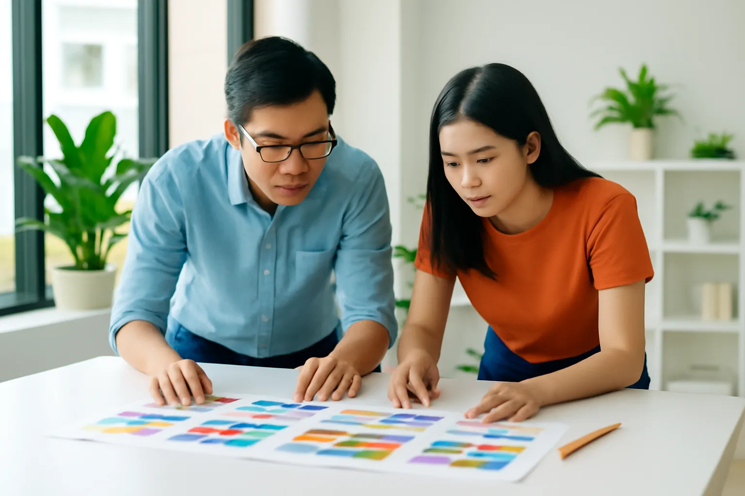 Hai nhà thiết kế cúi xem tờ in thử úp mặt trên bàn