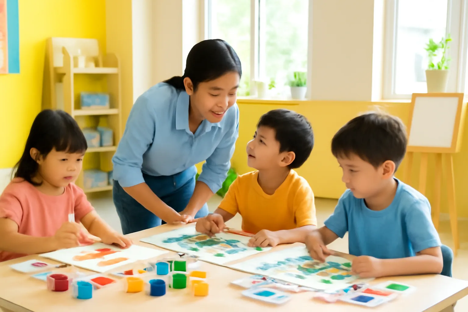Lớp vẽ nhỏ, trẻ ngồi quanh bàn lớn đầy màu, giáo viên cúi xuống