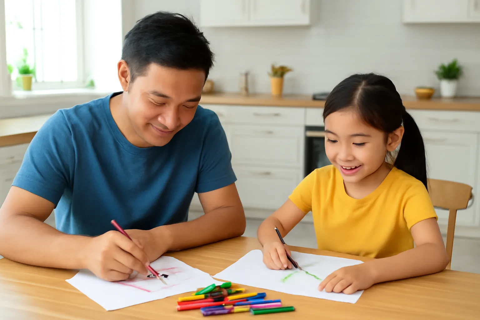 Bố và con gái cùng vẽ trên hai tờ giấy riêng trên một bàn