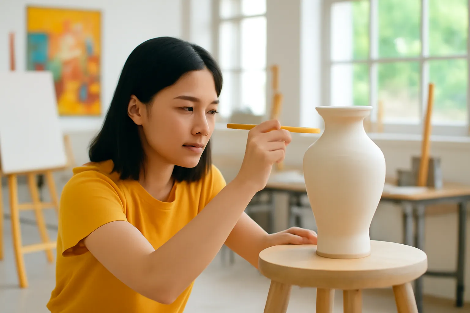 Cô sinh viên duỗi thẳng tay cầm bút chì đo bình gốm