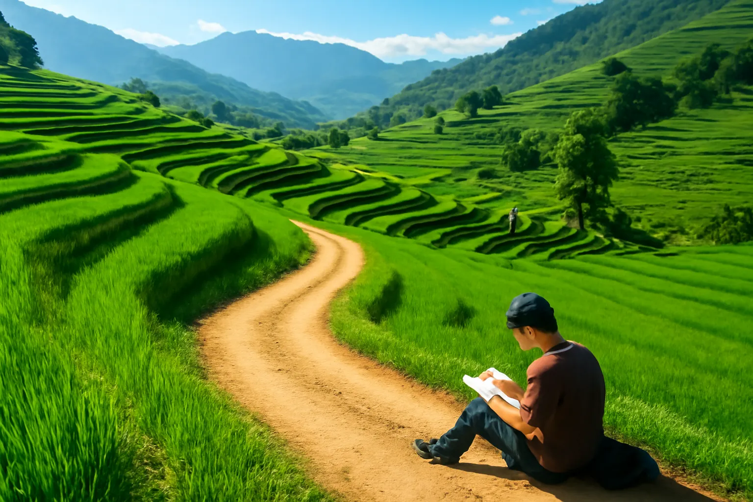 Con đường đất uốn lượn qua ruộng bậc thang, người ký hoạ bên đường