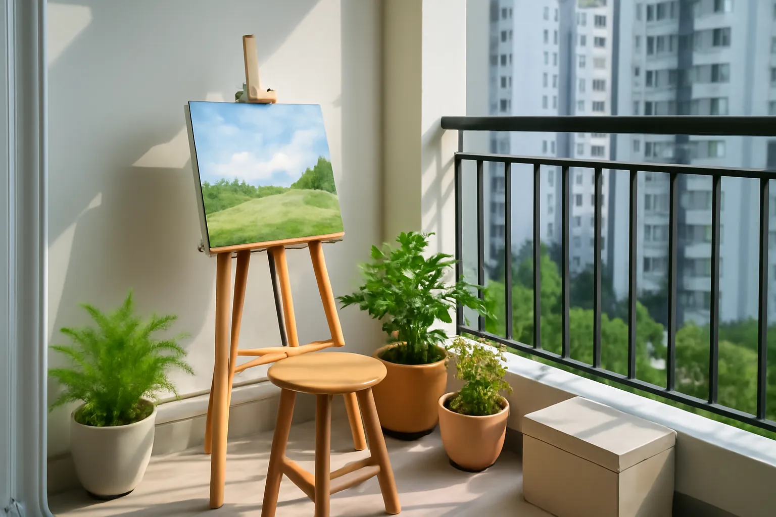 Góc ban công nhỏ có giá vẽ gấp và chậu cây trong chung cư
