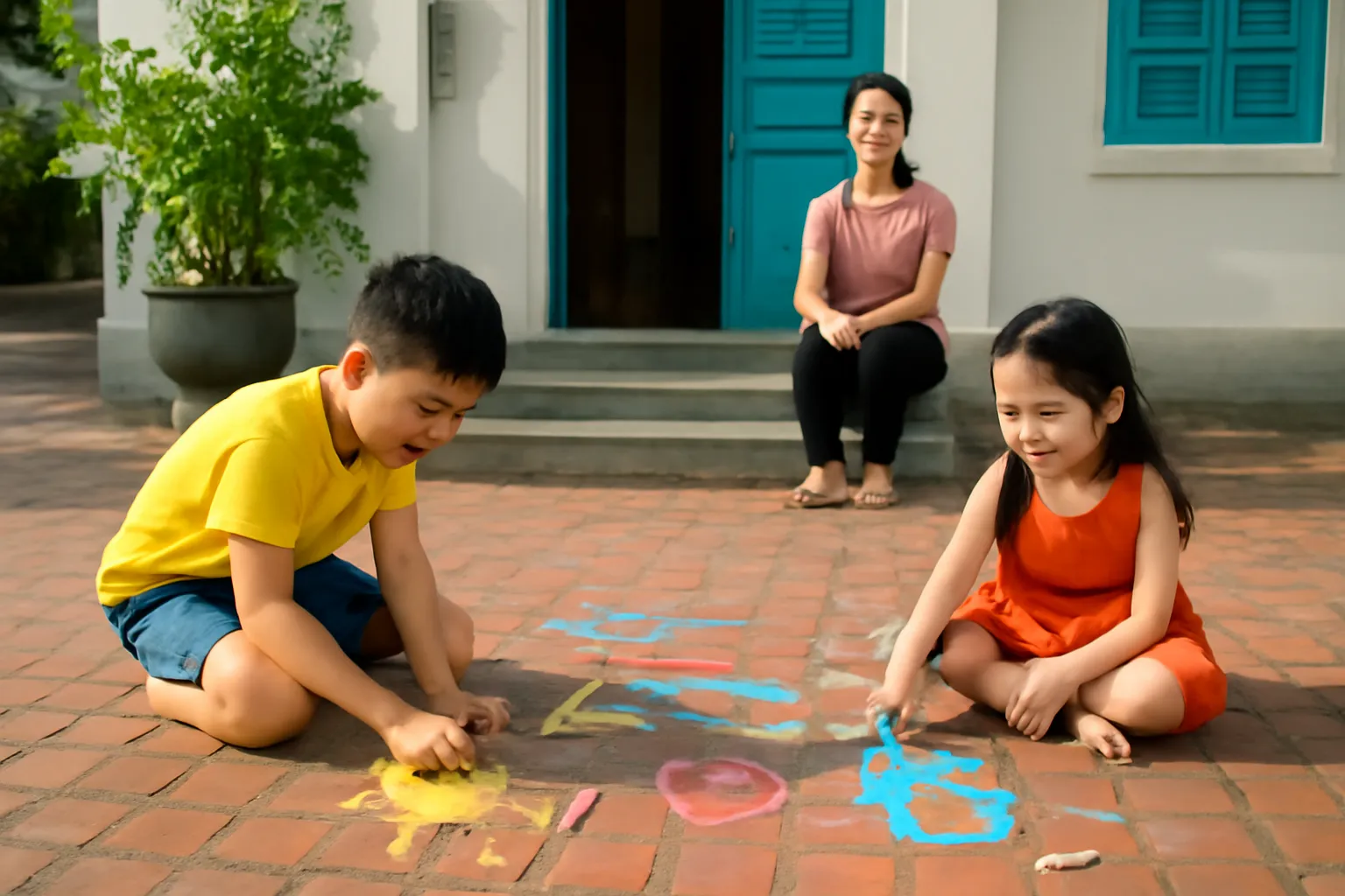 Hai anh em vẽ phấn trên sân gạch, mẹ ngồi trên bậc thềm