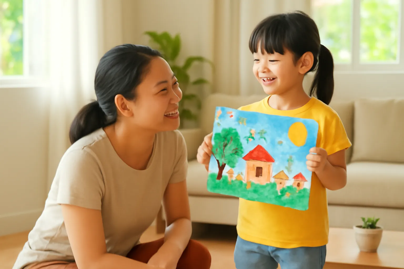 Mẹ ngồi xổm ngang tầm con, nhìn bức tranh con đang cầm