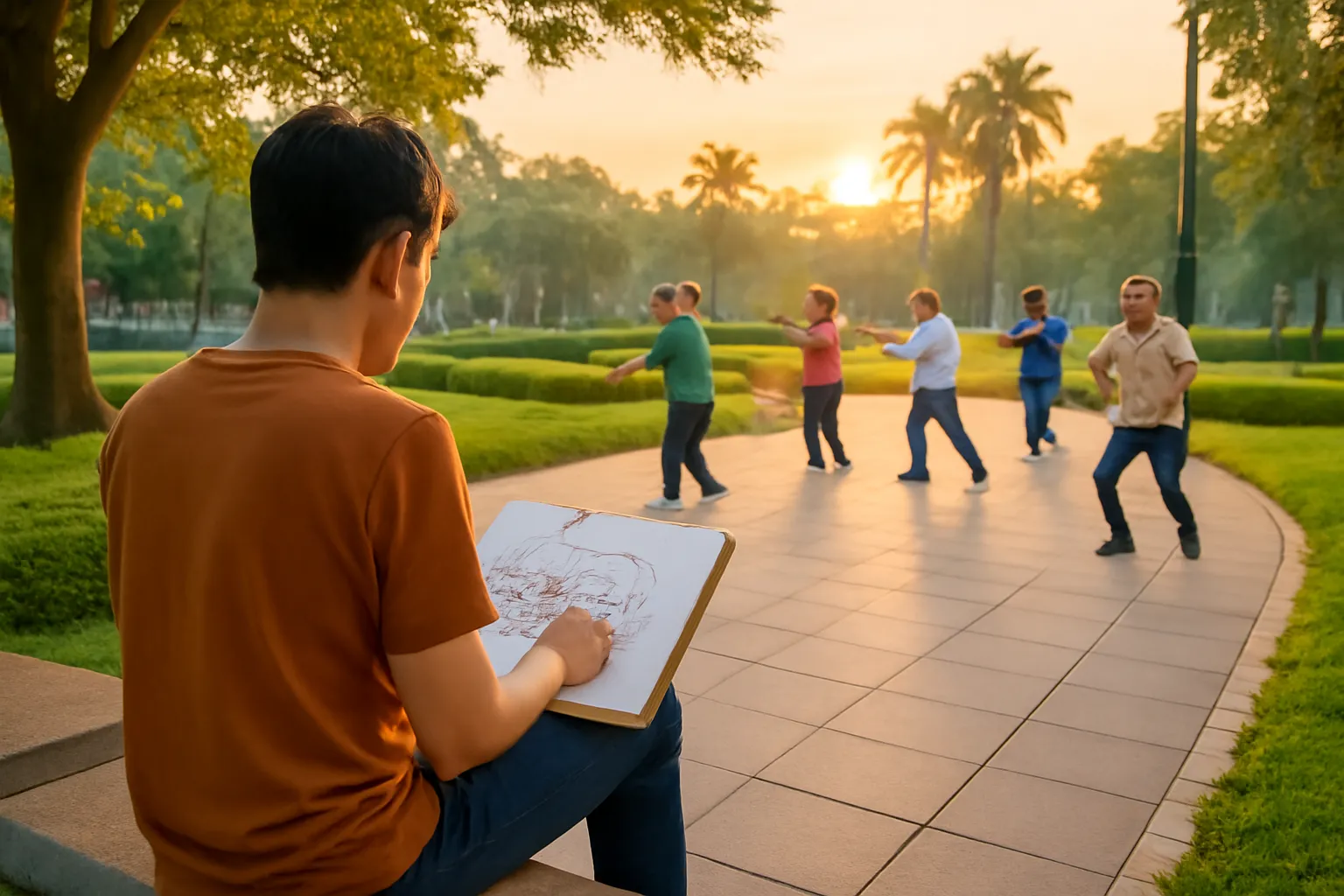 Người ngồi ghế đá công viên ký hoạ nhóm tập dưỡng sinh buổi sớm