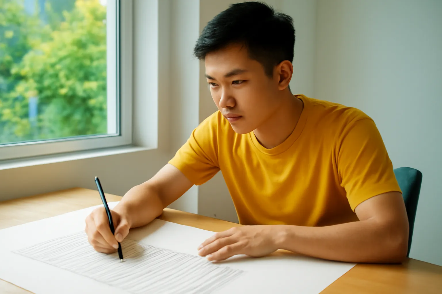 Chàng trai kẻ những hàng nét song song trên tờ giấy lớn cạnh cửa sổ