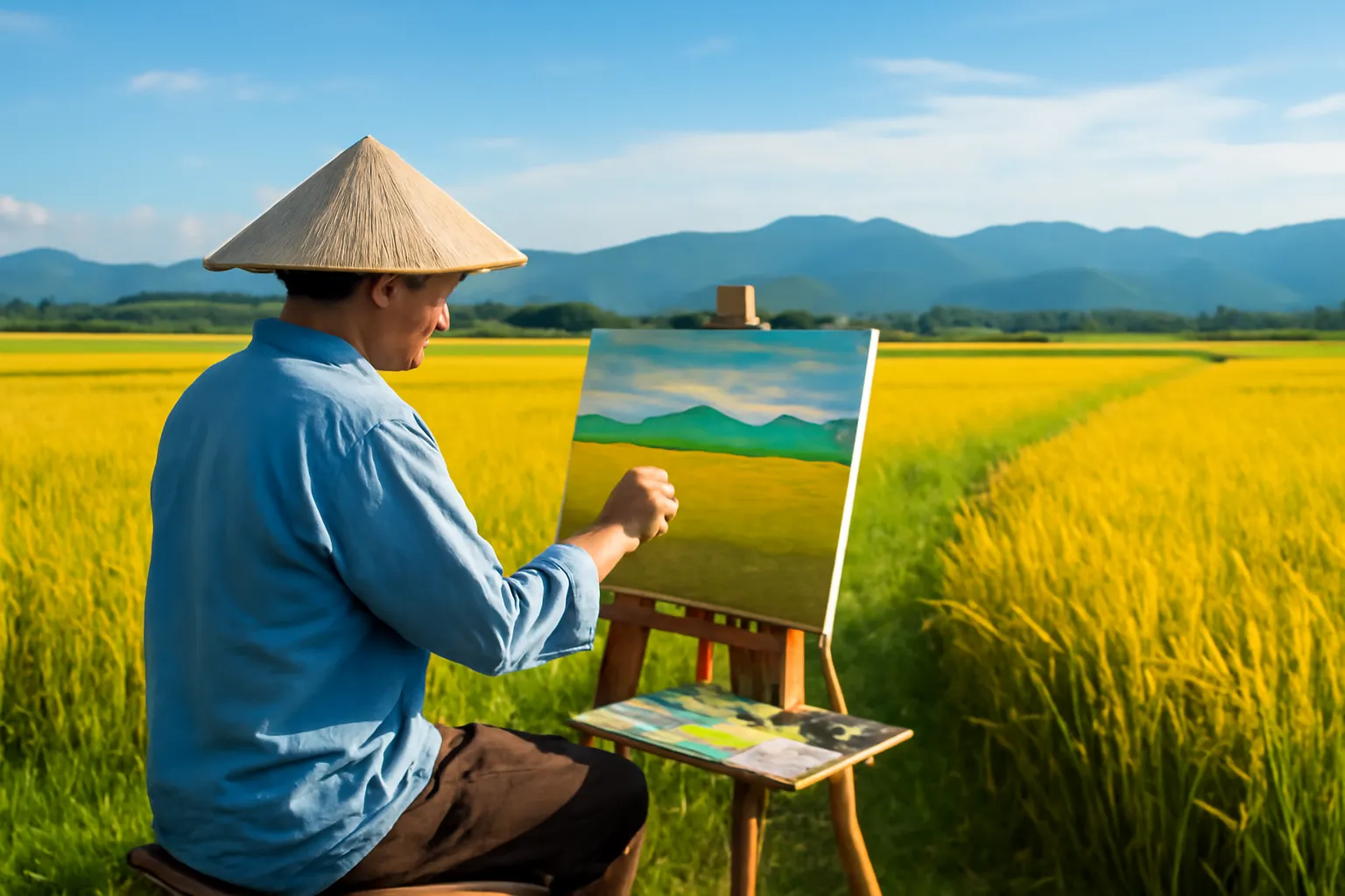 Người vẽ ngoài trời bên ruộng lúa chín vàng buổi chiều