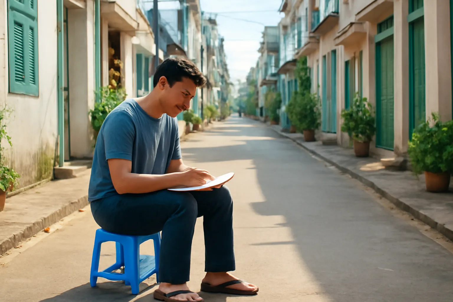 Người đàn ông ngồi ghế đẩu ký hoạ một con hẻm dài thẳng tắp