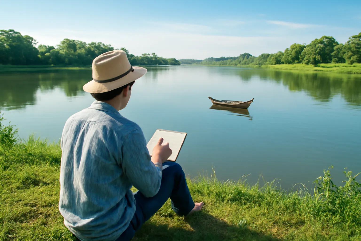 Người vẽ bên bờ sông với chiếc thuyền nhỏ trên mặt nước rộng