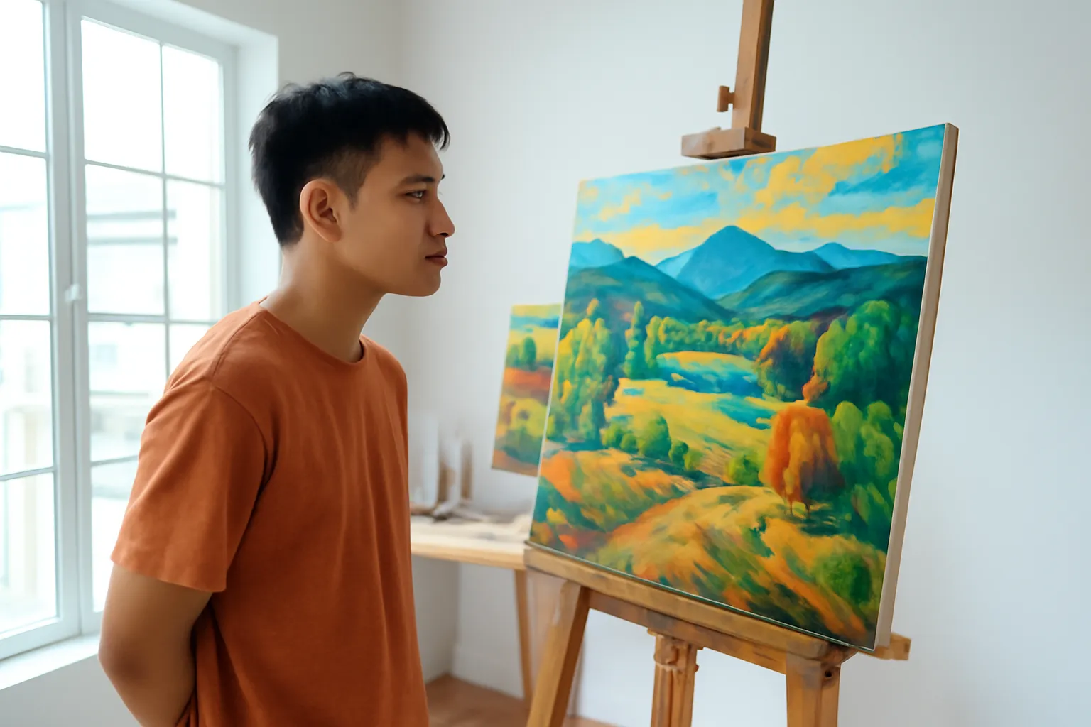 Hoạ sĩ trẻ lùi lại nheo mắt nhìn bức tranh phong cảnh trên giá