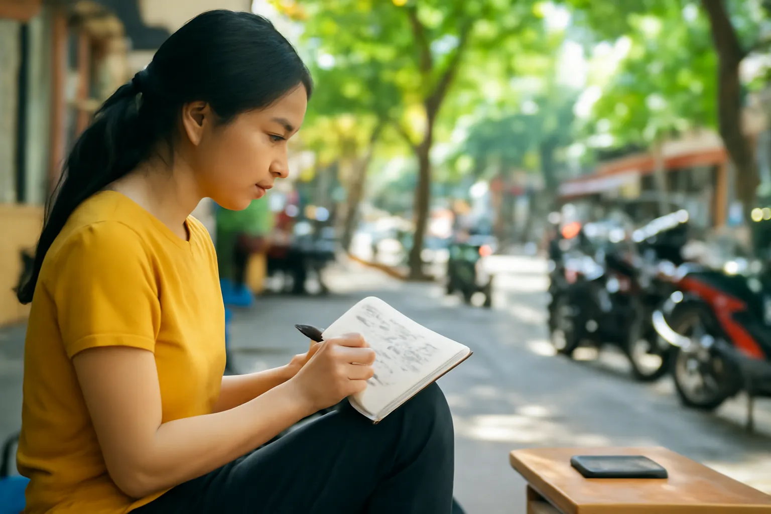 Cô gái ký hoạ quán cà phê vỉa hè, cuốn sổ đặt trên đùi