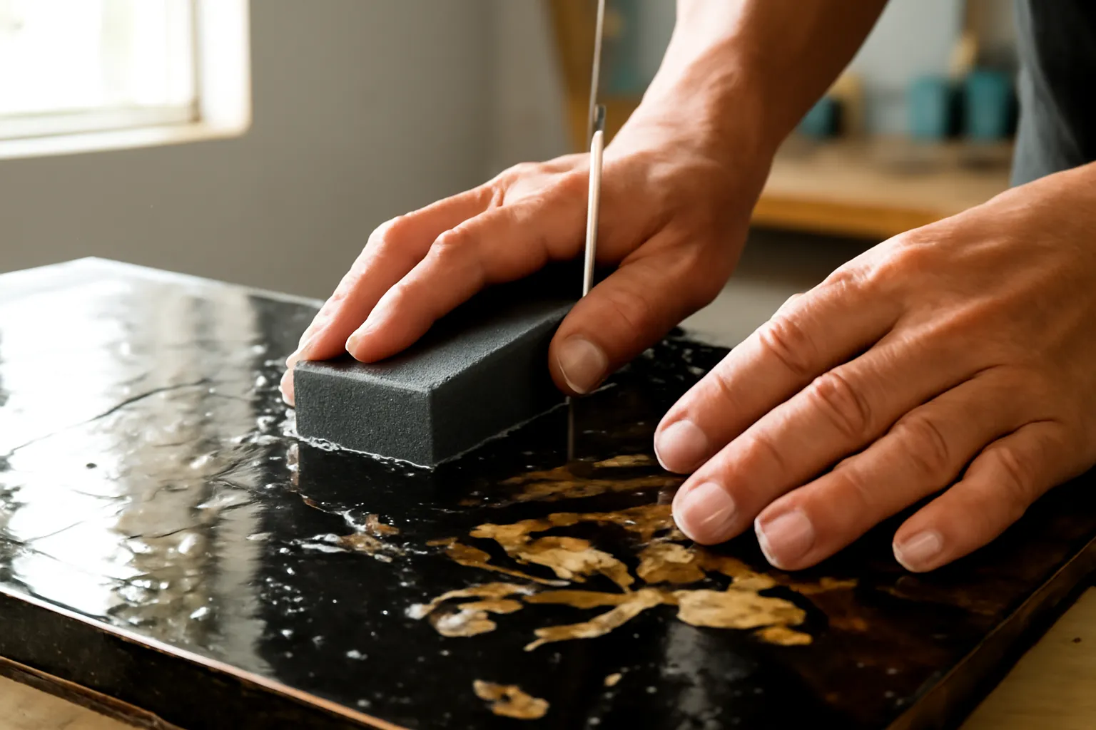 Người thợ mài tấm sơn mài đen bóng dưới làn nước nhẹ