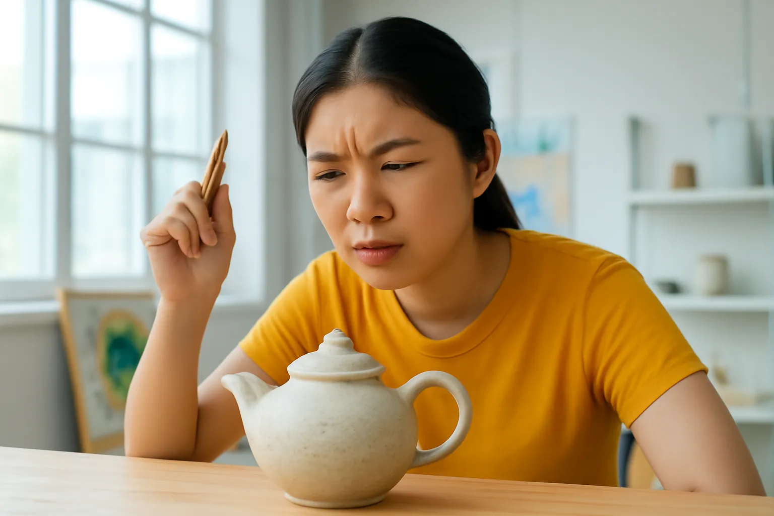 Sinh viên nheo mắt quan sát chiếc ấm trà gốm đặt trên bàn