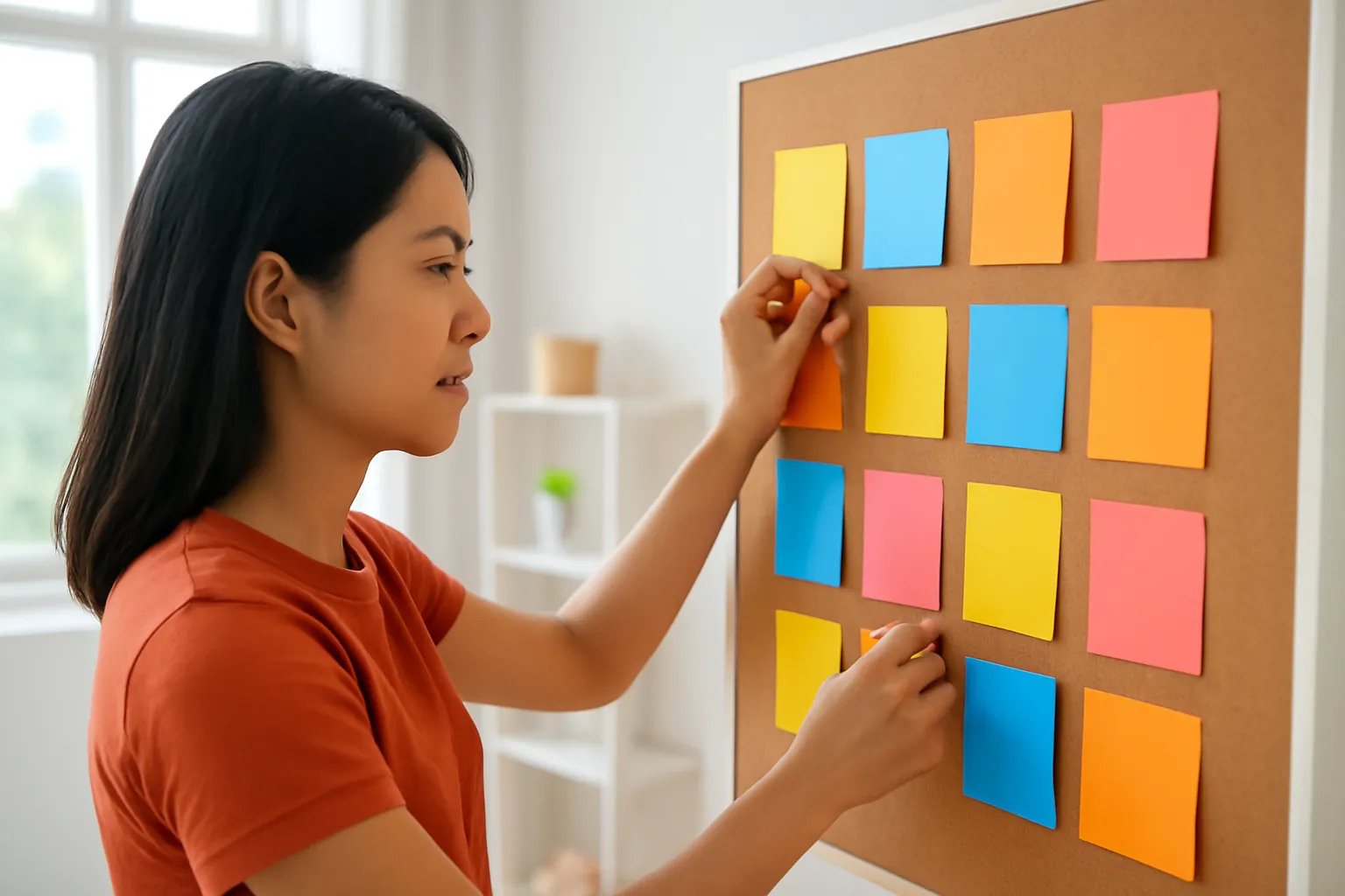 Nhà thiết kế ghim những tấm giấy màu trơn lên bảng bần