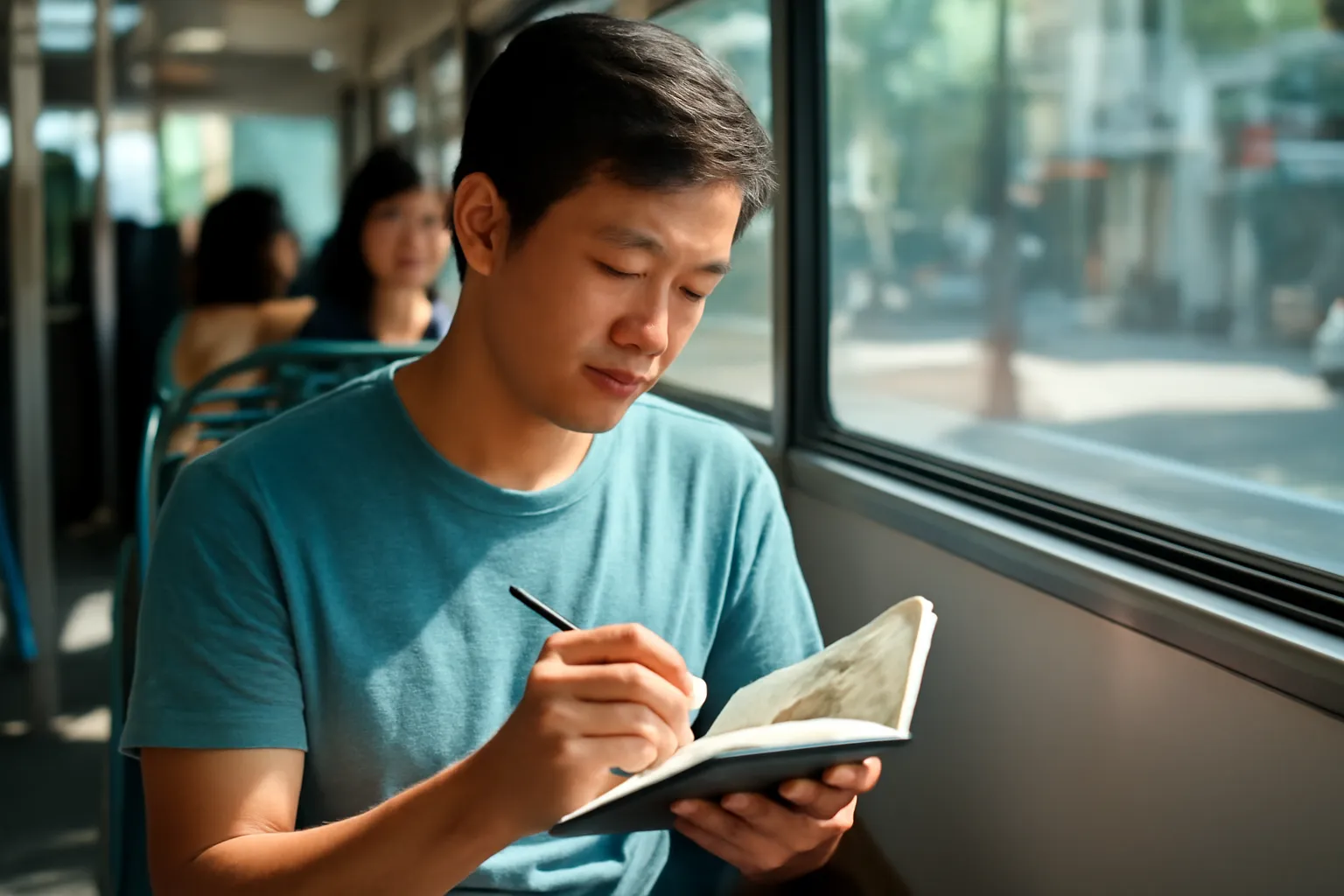 Người đàn ông vẽ vào cuốn sổ nhỏ trên ghế xe buýt