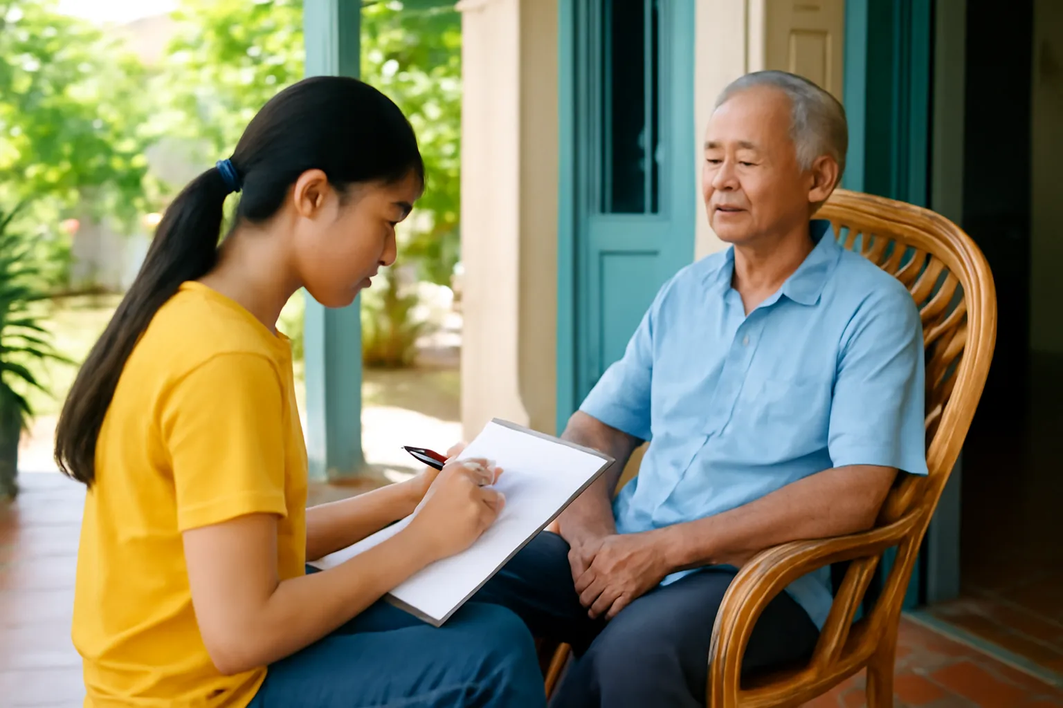 Cháu gái vẽ ông nội ngồi ghế mây ngoài hiên