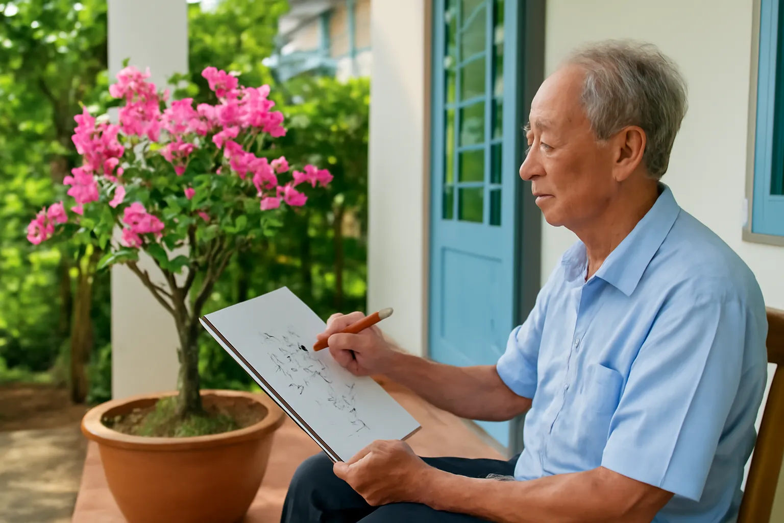 Ông cụ về hưu ngồi ngoài hiên vẽ chậu hoa giấy bằng bút chì