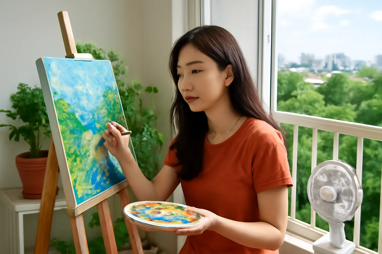 Người vẽ sơn dầu cạnh cửa sổ mở rộng ở ban công chung cư