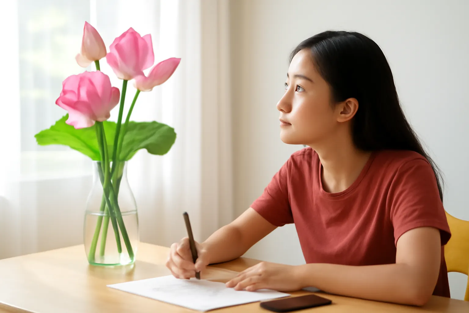 Người vẽ úp điện thoại xuống bàn, nhìn bình hoa sen thật