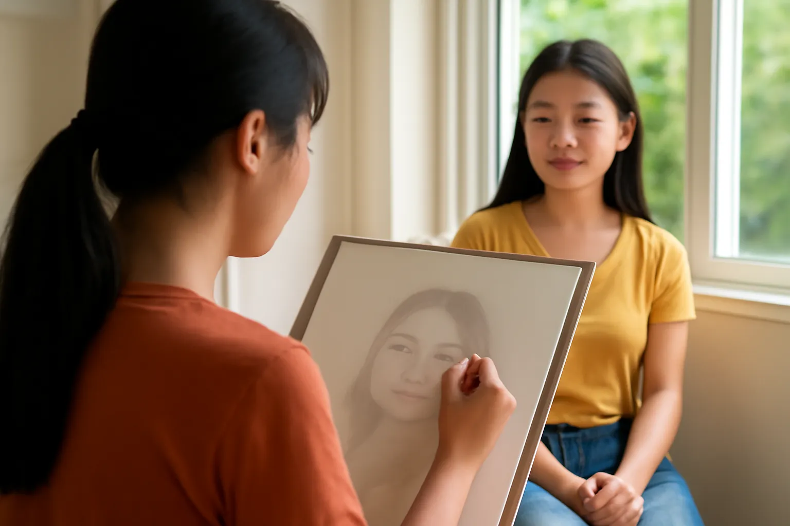 Cô gái vẽ chân dung bạn mình ngồi cạnh cửa sổ